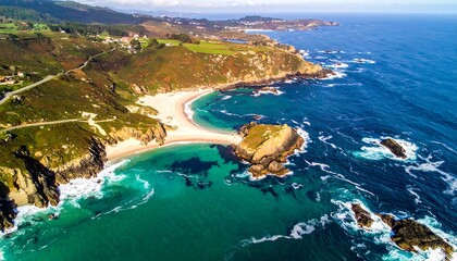 Aerial view of a scenic coastal landscape, showcasing a sandy beach nestled between cliffs and a vibrant turquoise sea