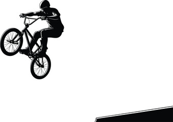 Obraz premium Silhouette vector of BMX rider performing extreme stunt jump on ramp with bicycle, action sport illustration for adventure, competition, and lifestyle design.