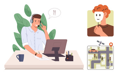Call center agent responding with headset, map and identity fraud concepts. Ideal for customer support, fraud prevention, remote work, navigation, technology, problem-solving, simple flat metaphor