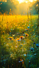 Vibrant Golden Sunlight Bathes Wildflowers in a Warm Breeze, Creating a Serene and Beautiful Nature Scene