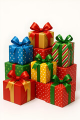 Fototapeta premium Mixed Christmas gift boxes in red, green, and gold, beautifully wrapped with ribbons, adding charm to holiday decorations and seasonal gift sets.