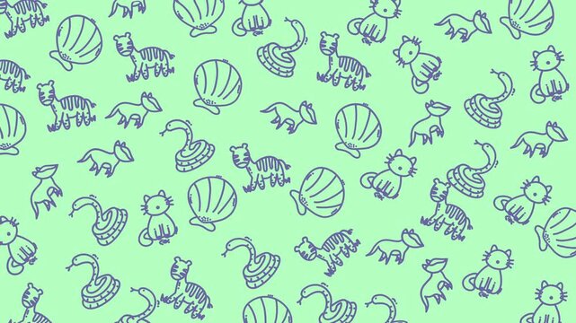 Background with blue animals, shells, and green tones conveys a playful and summery vibe. Ideal for childrens illustrations or nature themed designs.
