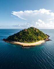 Aerial view of a small, lush green island with a sandy beach and clear turquoise waters, under a blue sky