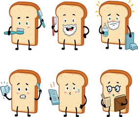 Cute bread character morning routine, brushing teeth, shaving, reading, hygiene, adorable cartoon breakfast mascot illustration for kids, education, humor