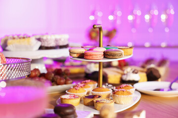 Naklejka premium Buffet menu. Different delicious desserts on table, selective focus