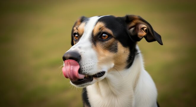 Funny tricolor mixed breed dog licking its nose outdoors.