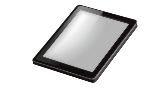A tablet device with a blank white screen is displayed on a black background in a studio shot on transparent background