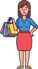 Smiling woman holding colorful shopping bags, fashion illustration character, modern lifestyle female shopper vector art for retail and commerce.