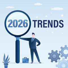 Magnifying glass analyzing 2026 trends. Forecasting, vision of future success, new year achievement targets, smart businessman looking magnifying glass for 2026 for prospects
