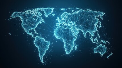 A digital map of the world displaying a network of interconnected nodes and lines, symbolizing connectivity and technology.
