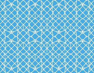 Symmetrical pattern with repeating geometric shapes made of white lines, forming a net-like texture against a blue background