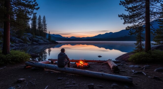 Person sitting by campfire at lake during beautiful sunset