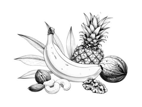  Minimal Line Art Collection of Tropical Fruits and Nuts with Elegant Botanical Touch.