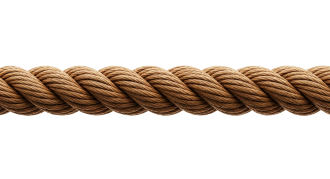 Robust natural fiber rope, tightly twisted strands in earthy brown/tan, horizontal, centered on transparent background with copy space, bright shadowless studio light, concept of strength and utility