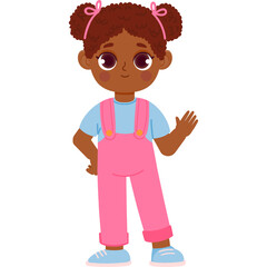Pixel Art Cartoon Child Character Waving Hello Wearing Pink Overalls and Blue Shirt on Transparent Background