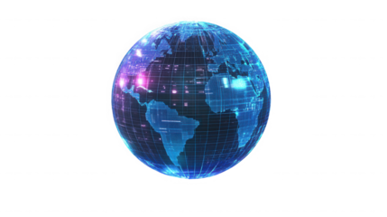 A digital representation of earth with blue continents and a grid overlay on a black background on transparent background