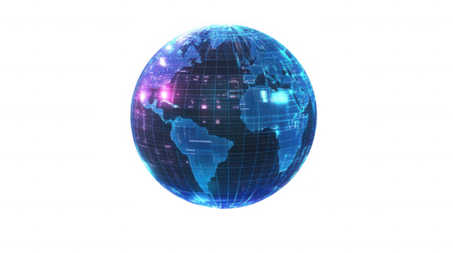 A digital representation of earth with blue continents and a grid overlay on a black background on transparent background