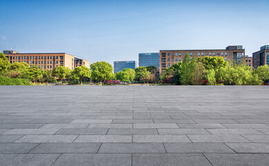 Modern Urban Landscape with Expansive Plaza and Lush Greenery
