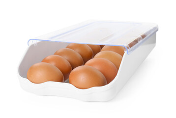 Raw chicken eggs in plastic container isolated on white