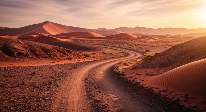 Winding desert road with dunes and sunset glow in Namibia