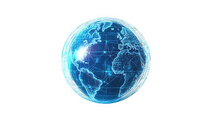 A glowing blue digital earth globe with network connections on a black background illustration on transparent background
