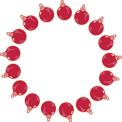 Christmas wreath with red baubles, decorative border doodle style isolated on white background