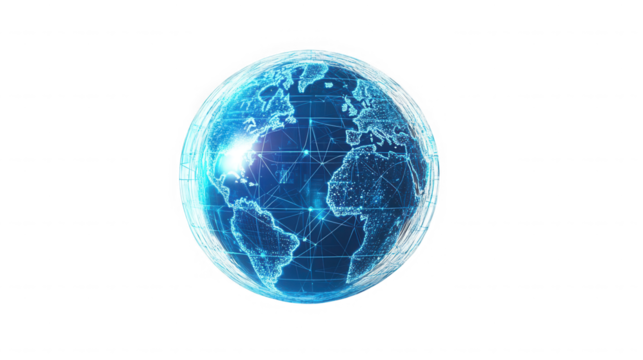 A glowing blue digital earth globe with network connections on a black background illustration on transparent background