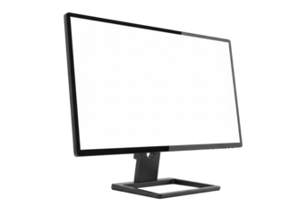 Modern black computer monitor with bright blank screen, sleek thin bezels, matte black stand on transparent background, 3/4 view. Concept of clean functionality and modern design
