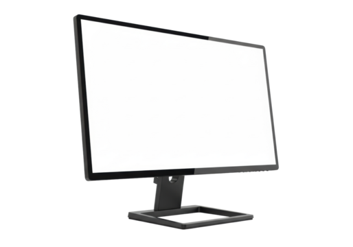 Modern black computer monitor with bright blank screen, sleek thin bezels, matte black stand on transparent background, 3/4 view. Concept of clean functionality and modern design