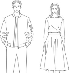 Stylish Man and Woman in Casual and Elegant Clothing, Fashion Illustration of Modern Attire, Trendy Outfits, Office Wear, Casual and Formal Fashion