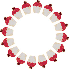 Christmas wreath with muffins, decorative border doodle style isolated on white background