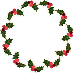 Christmas holly wreath frame, decorative border doodle style isolated on white background