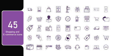 Shopping and E-commerce icons set. Including shopping, cart, store, product, payment, delivery, online, and sale. Editable stroke. outline icons.