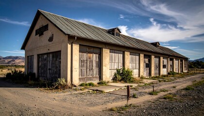 Fototapeta premium Old, weathered building with closed garage doors