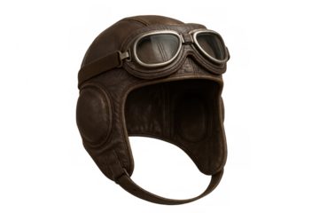 Vintage aviator flight helmet and goggles, brown leather pilot headgear, retro air travel and adventure concept on transparent background