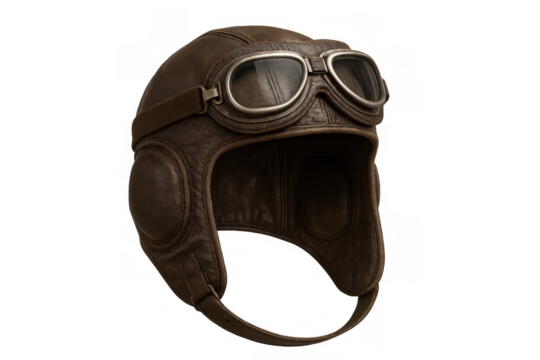 Vintage aviator flight helmet and goggles, brown leather pilot headgear, retro air travel and adventure concept on transparent background