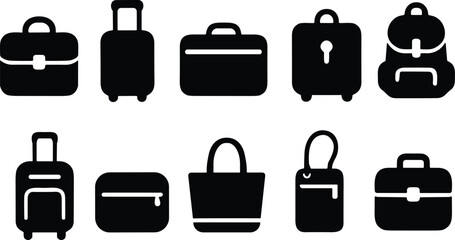 Set of ten black silhouette icons of bags and luggage including briefcase, backpack, suitcase, tote, pouch, and travel gear