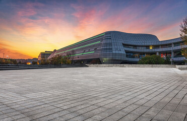 Stunning Modern Architecture Against a Vibrant Sunset Sky