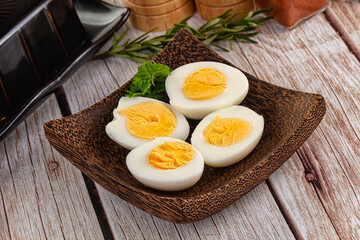 Boiled chicken eggs with bright yolk