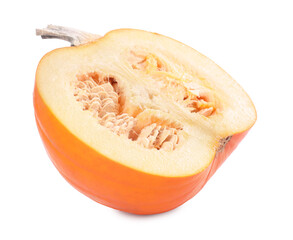 Half of ripe pumpkin with seeds isolated on white