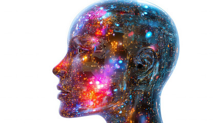 A profile view of a translucent head filled with colorful lights and circuit board patterns on black on transparent background