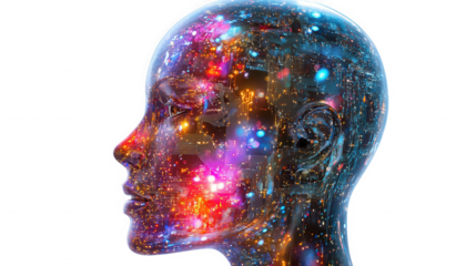 A profile view of a translucent head filled with colorful lights and circuit board patterns on black on transparent background