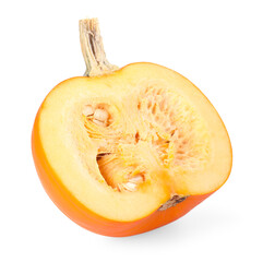 Half of ripe pumpkin with seeds isolated on white