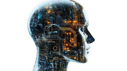 A transparent human head filled with circuit boards and glowing lights on a black background on transparent background