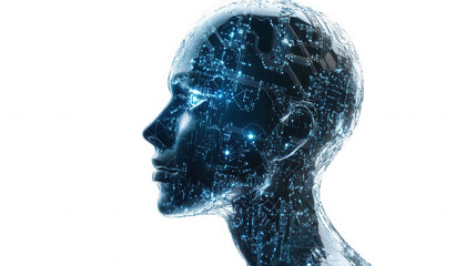 Digital human head with glowing circuits and connections on a black background side view on transparent background