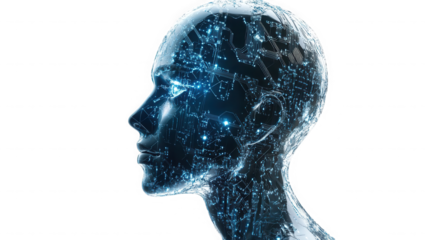 Digital human head with glowing circuits and connections on a black background side view on transparent background