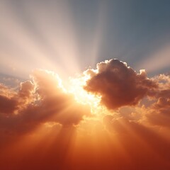 Golden sunset clouds horizon with radiant beams heavenly sky