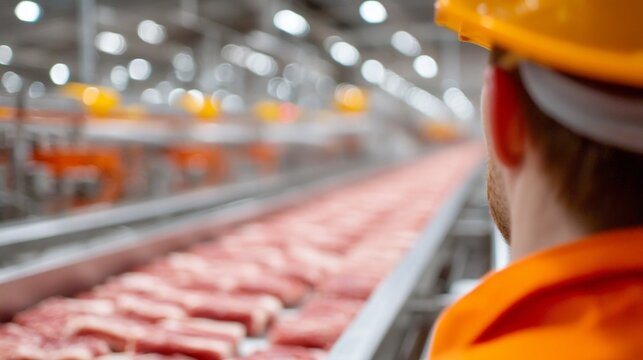 Inside a large meat processing facility, workers in safety gear oversee the production line. Fresh cuts of meat move along the conveyor belt amidst bright lights and efficient operations