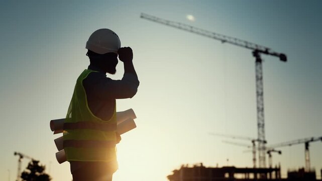 Silhouette of professional foreman at modern building site in sunrise time. Innovation in construction, technology for quality building process, construction audit and examination, expert on site