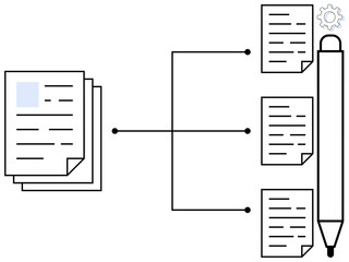 Stacked files linked to multiple documents via connectors with a large pen icon and gear. Ideal for documentation, project management, data organization, teamwork, knowledge sharing, automation
